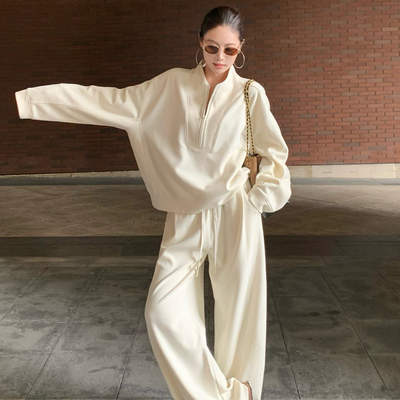 高级感运动套装女秋冬季新款宽松韩版加绒加厚卫衣阔腿长裤两件套