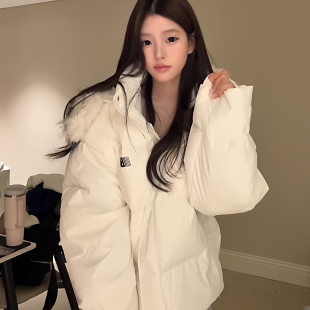 新款加厚保暖情侣面包服外套可拆卸毛领黑色白色短款棉服女款冬季