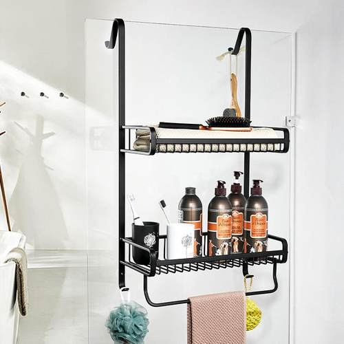 淋浴房置物架黑色毛巾架免打孔卫生间收纳架浴室挂篮浴巾架毛巾杆