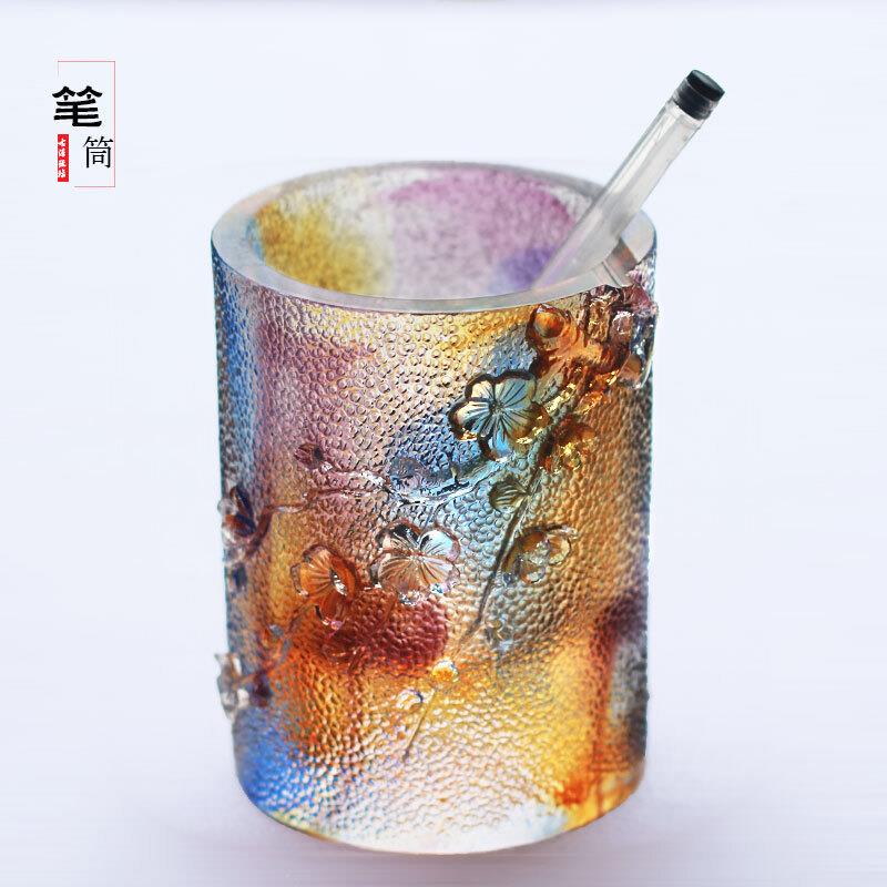 古法琉璃梅花笔筒桌面摆件居家客厅办公桌面摆放开业商务送礼