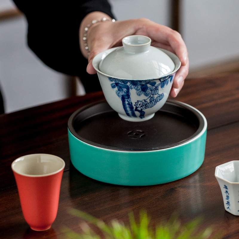 仿古泥手绘青花梧桐树三才盖碗泡茶碗柴窑花卉手工薄胎陶瓷茶具