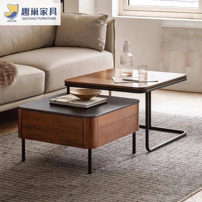 北欧风轻奢实木茶几岩板个性重叠茶桌木小户型客厅铁艺方形茶几