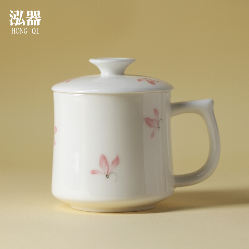 泓器手绘羊脂玉带盖过滤泡茶杯陶瓷茶杯家用茶水分离办公室马克杯