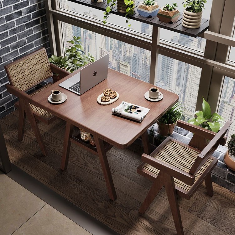 实木桌椅三件套组合中古风小户型家用茶几双层方餐桌阳台休闲茶桌