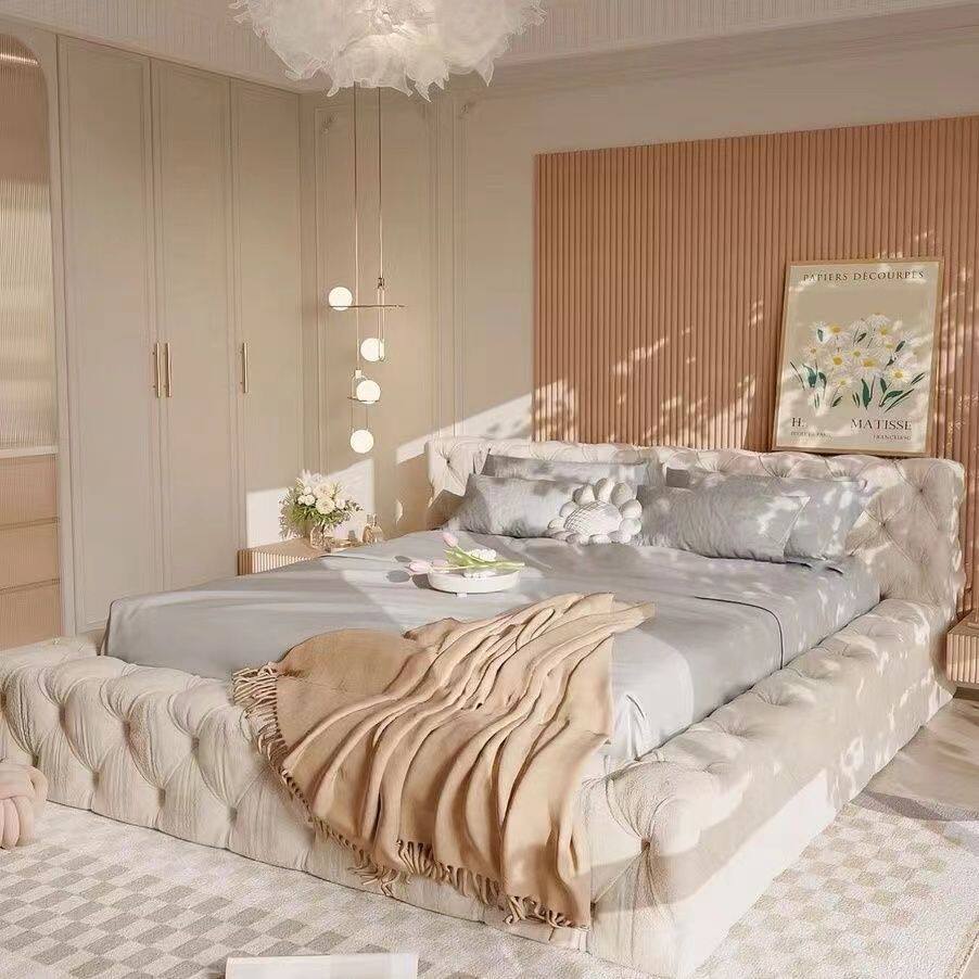 法式轻奢布艺床双人女生卧室磨砂科技布拉扣床港式简约榻榻米大床