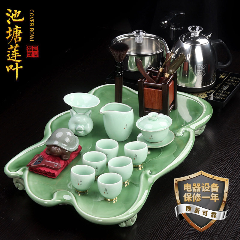 手绘陶瓷茶具套装家用手工池塘莲叶办公室整套功夫泡茶器带茶盘