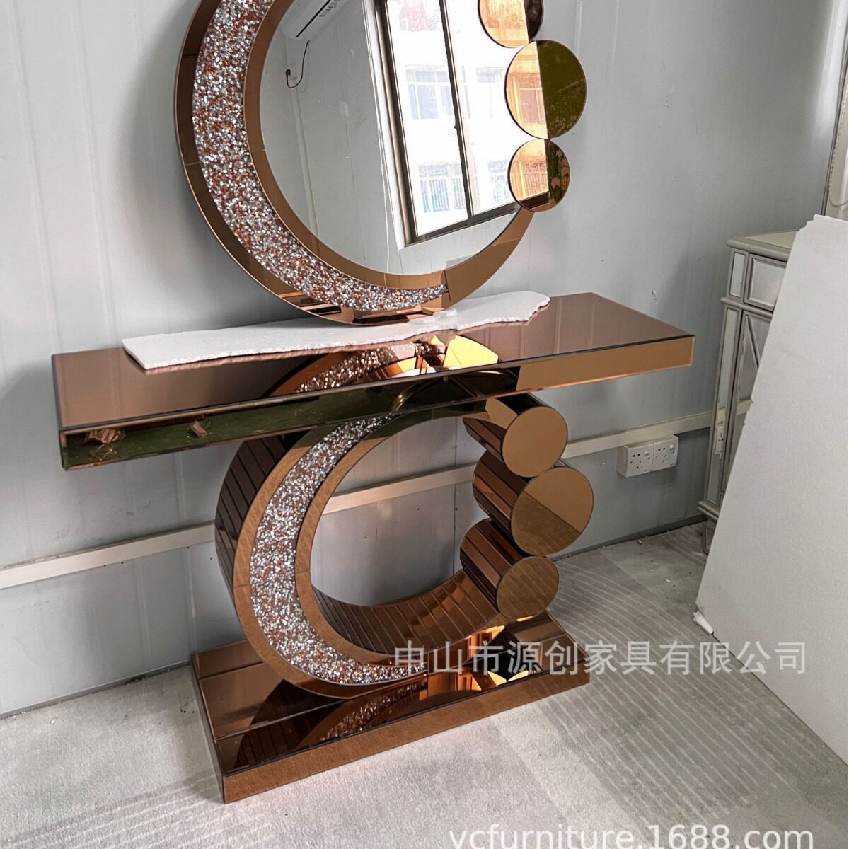 现代简约镜面家具星月玄关桌玫瑰金欧式条案隔断景台镜面外贸供货