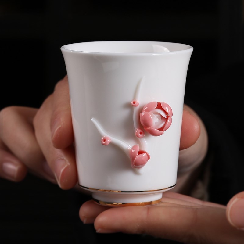速发德化捏花羊脂玉白瓷主人杯茶具品茗杯个人茶杯礼盒