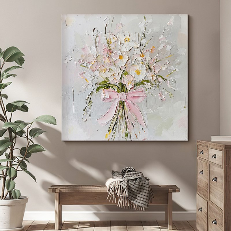 速发抽象花卉客厅装饰画厚肌理刀画纯手绘油画丙烯奶油风玄关卧室图片