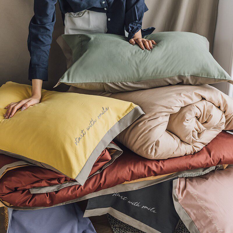 速发风式双枕套刺绣纯色棉拼酒店风宽边40支全棉信封纯枕头套单只