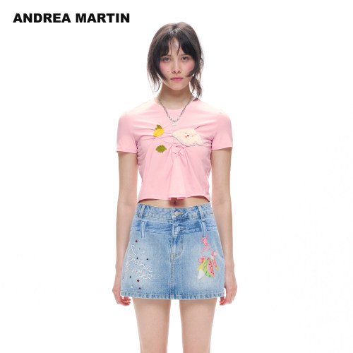 ANDREA MARTIN2026夏季新款甜酷刺绣柠檬小狗抽褶女短袖休闲T 恤