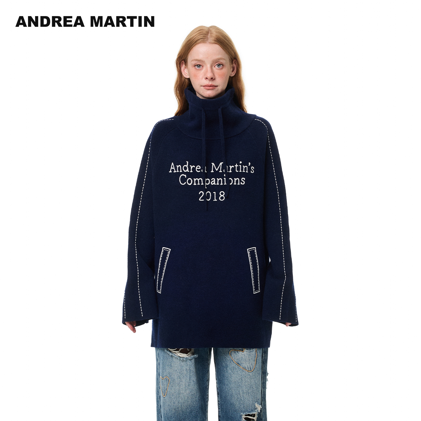 ANDREA MARTIN2025秋冬新品字母刺绣高领毛衣男女宽松百搭针织衫