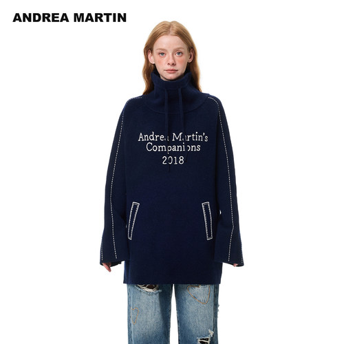 【沈月同款】ANDREA MARTIN 秋冬新款刺绣高领绵羊毛衣宽松针织衫