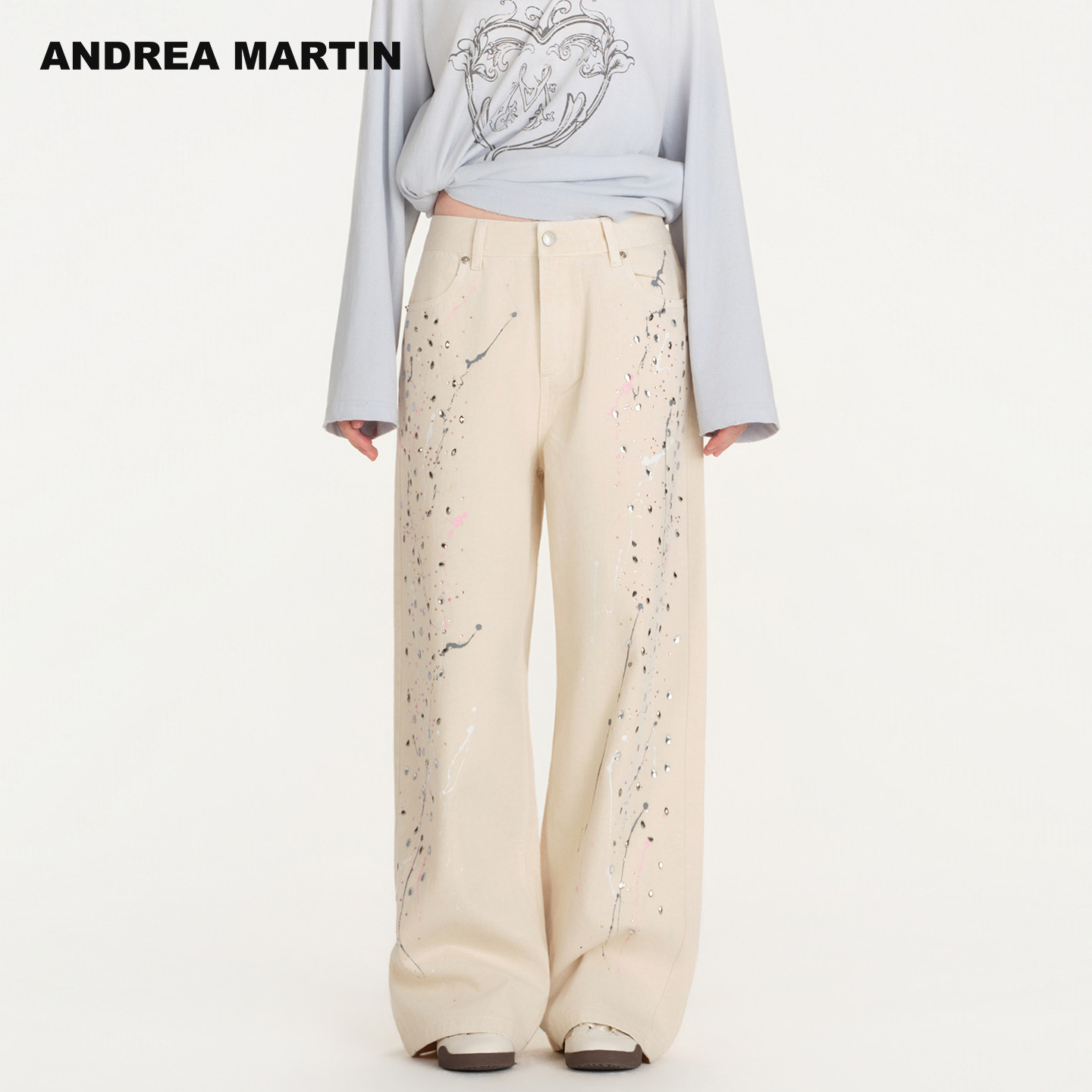 ANDREA MARTIN2026春季新款烫钻泼墨铆钉宽松女牛仔阔腿休闲长裤,女装/女士精品,牛仔裤,淘宝优惠券,粉丝福利购,淘宝优惠卷