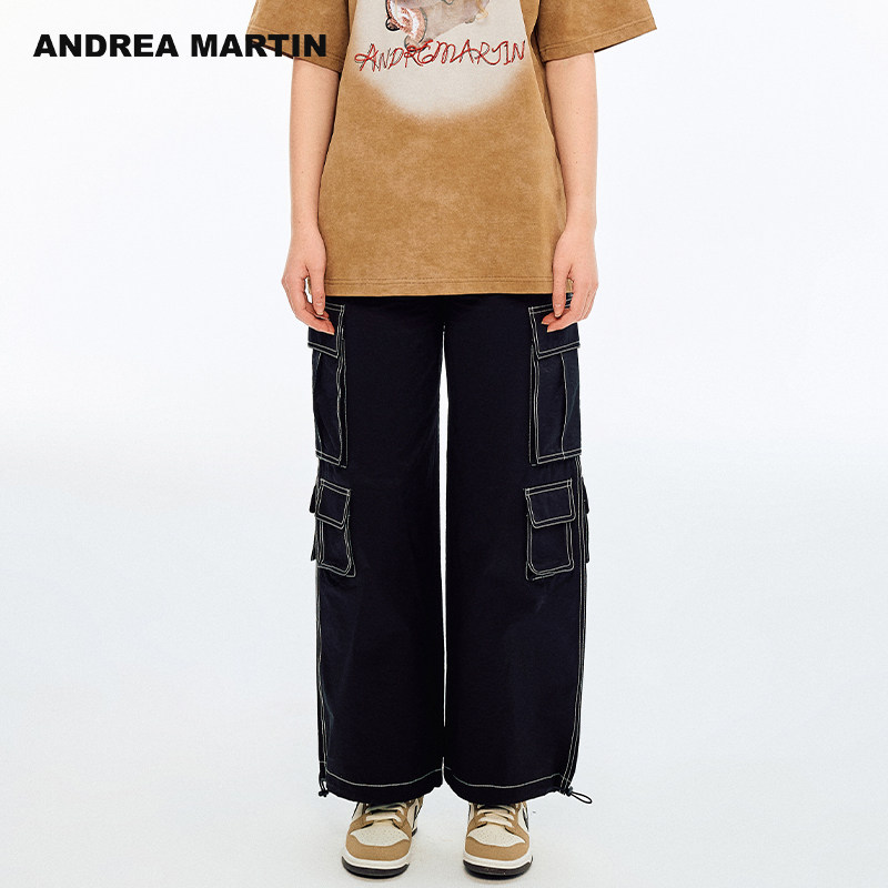 ANDREA MARTIN2025秋季新款休闲裤女宽松百搭明线撞色工装裤黑色