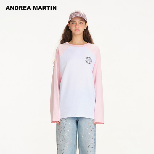 【吴宣仪同款】ANDREA MARTIN2026秋新款正反两穿印花宽松长袖T恤
