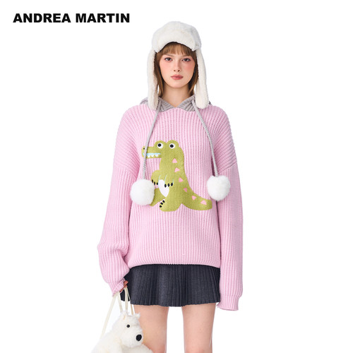 ANDREA MARTIN冬季新款可爱图案连帽拼色毛衣宽松针织衫外套