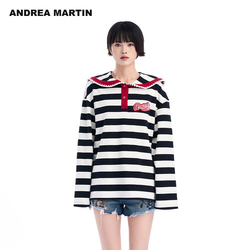 ANDREA MARTIN秋季新款黑白条纹刺绣长袖T恤时尚宽松上衣