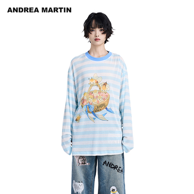 ANDREA MARTIN2025夏季新款T恤女长袖条纹空调衫薄款圆领宽松上衣