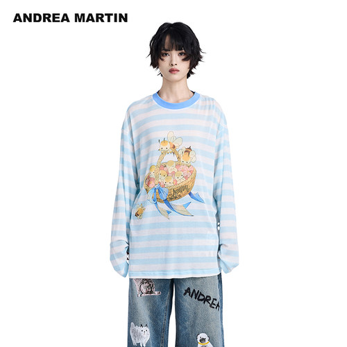 ANDREA MARTIN夏季新款T恤女长袖条纹空调衫薄款圆领宽松上衣