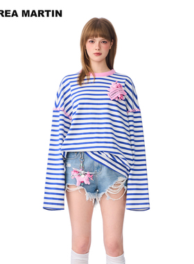 【卓沅同款】ANDREA MARTIN秋冬新款条纹钩织小马T恤衫女上衣