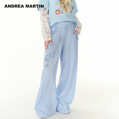ANDREA MARTIN秋季新款休闲裤女压皱烫钻直筒阔腿长裤子