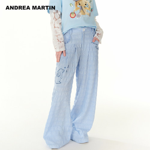 ANDREA MARTIN秋季新款休闲裤女压皱烫钻直筒阔腿长裤子