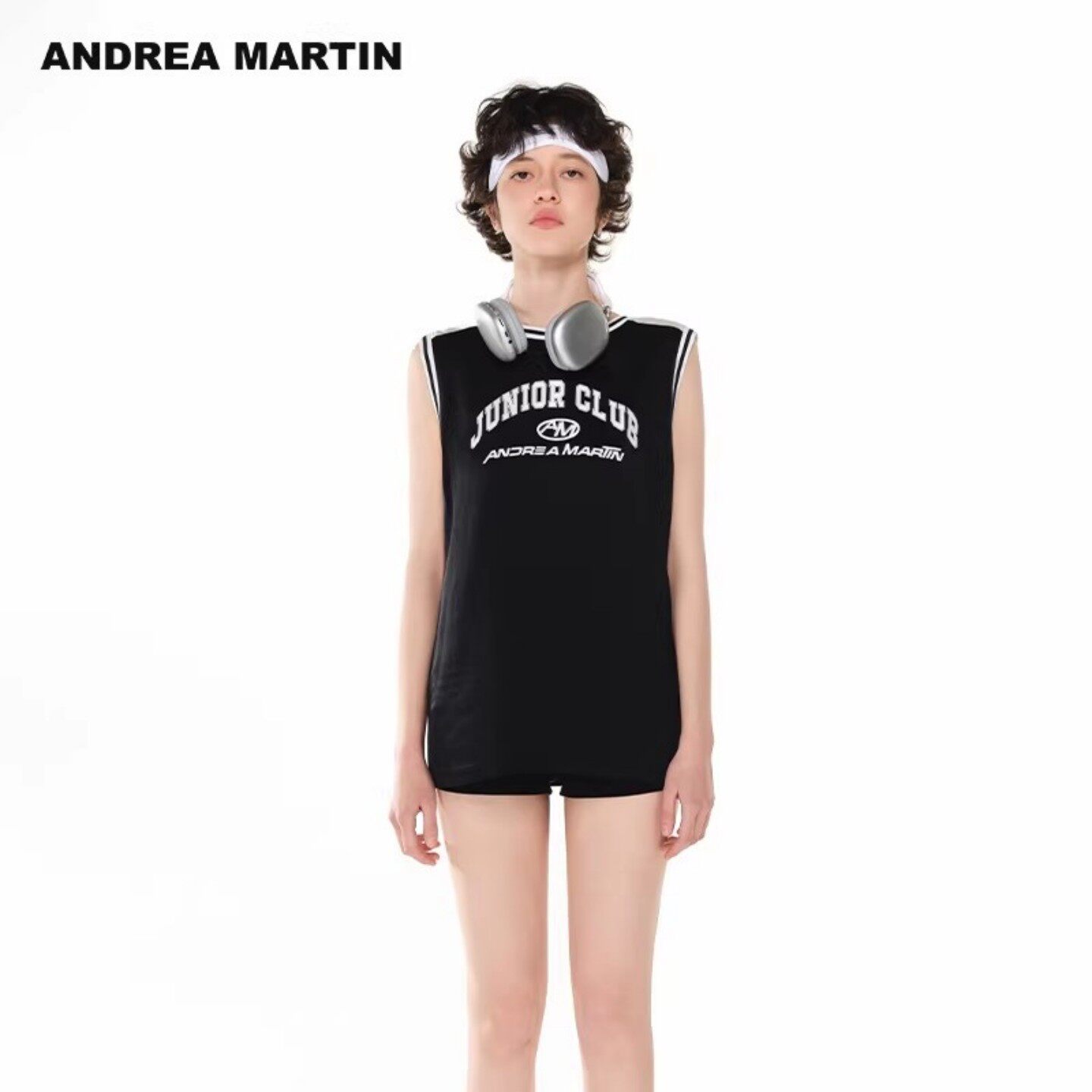 ANDREA MARTIN2026夏季新款黑色醋酸背心女印花宽松无袖运动球衣