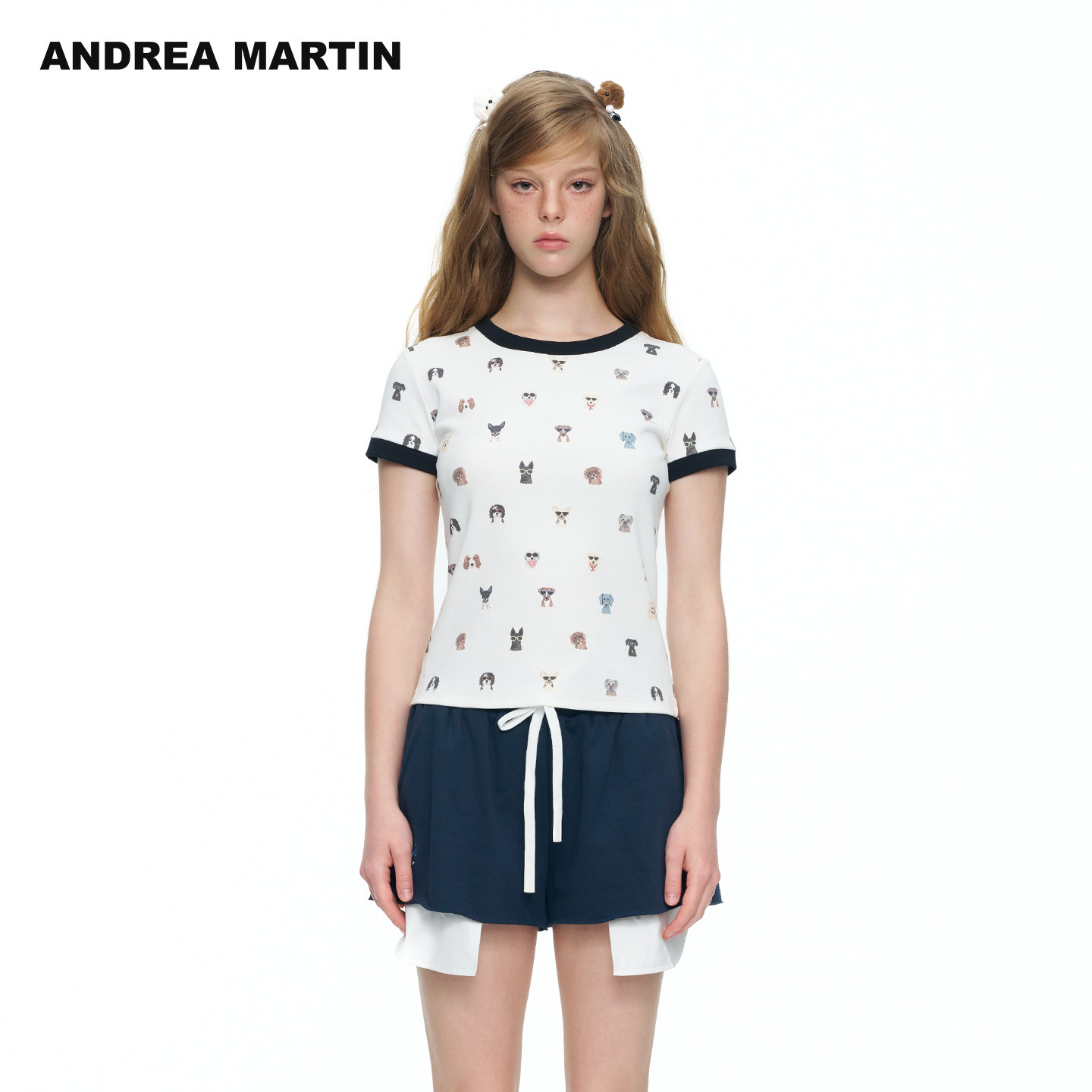 严选ANDREA MARTIN【韩雨彤同款】2026夏新款小狗满印短袖修身T恤图片