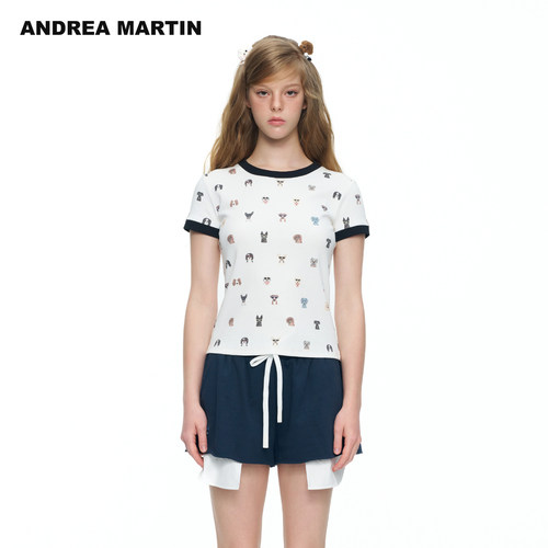 严选ANDREA MARTIN【韩雨彤同款】2026夏新款小狗满印短袖修身T恤