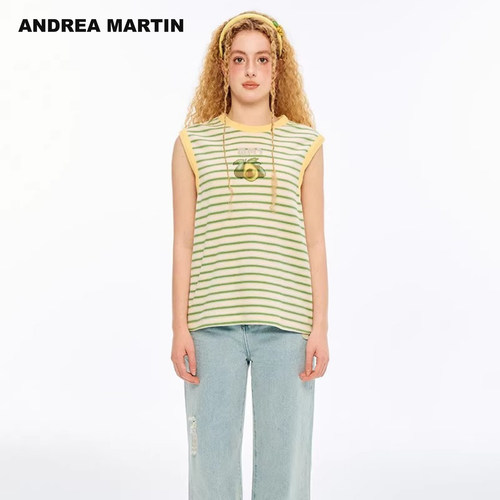 【李一桐同款】ANDREA MARTIN 26夏新款水果刺绣条纹无袖针织背心