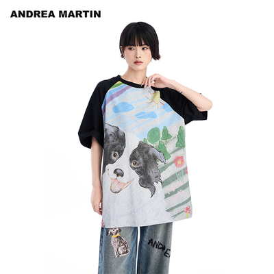 【周深同款】ANDREA MARTIN 夏季新款短袖T恤女印花宽松上衣