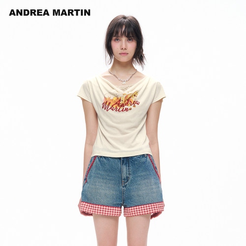 ANDREA MARTIN2026秋季新款甜辣风面包小狗荡领女修身蕾丝短袖T恤