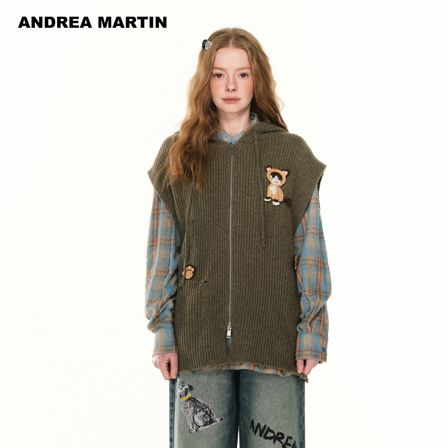 【伯远同款】ANDREA MARTIN 秋冬新款绵羊毛马甲连帽无袖针织衫