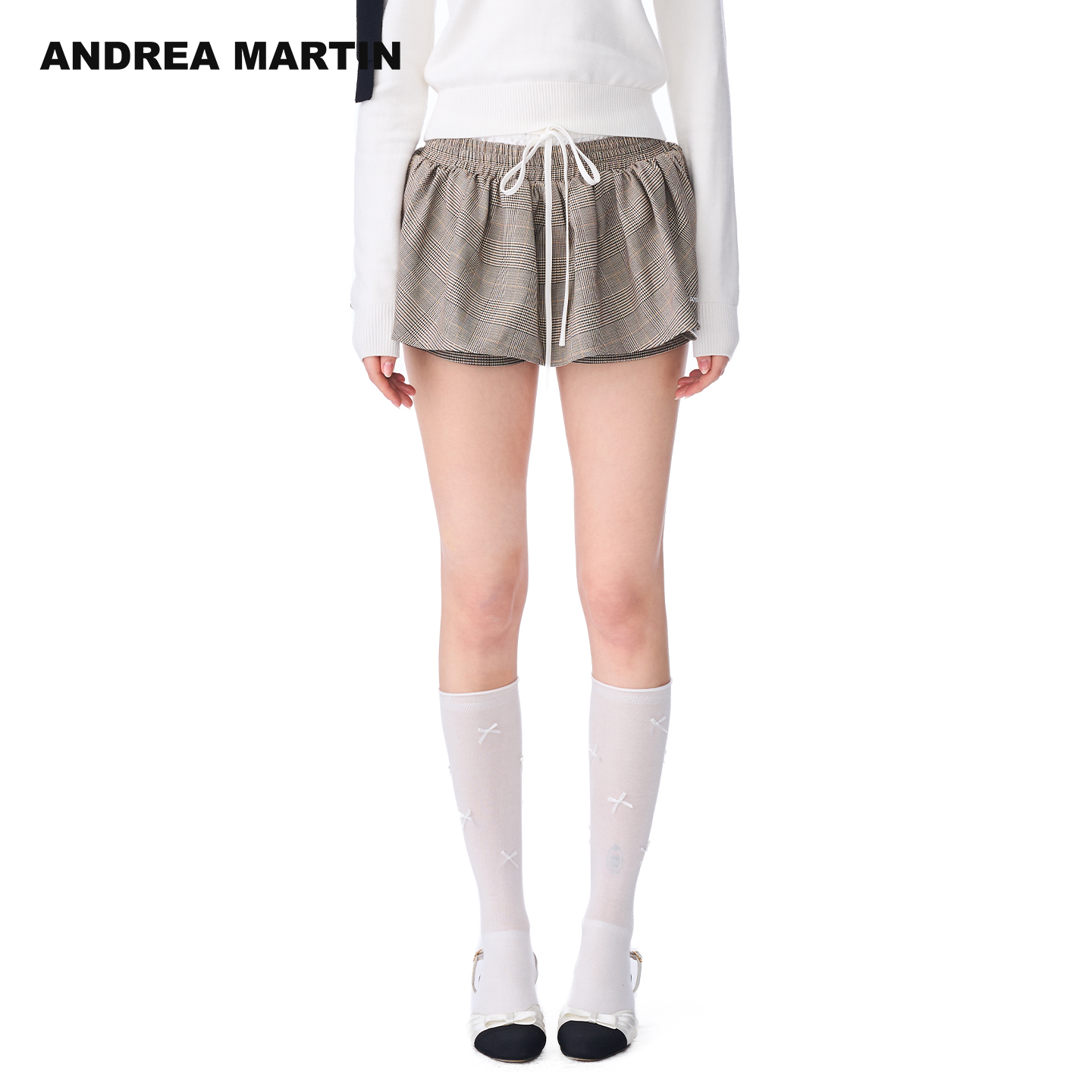 【宋雨琦同款】ANDREA MARTIN 2025秋冬新款格纹女休闲褶皱短裤裙