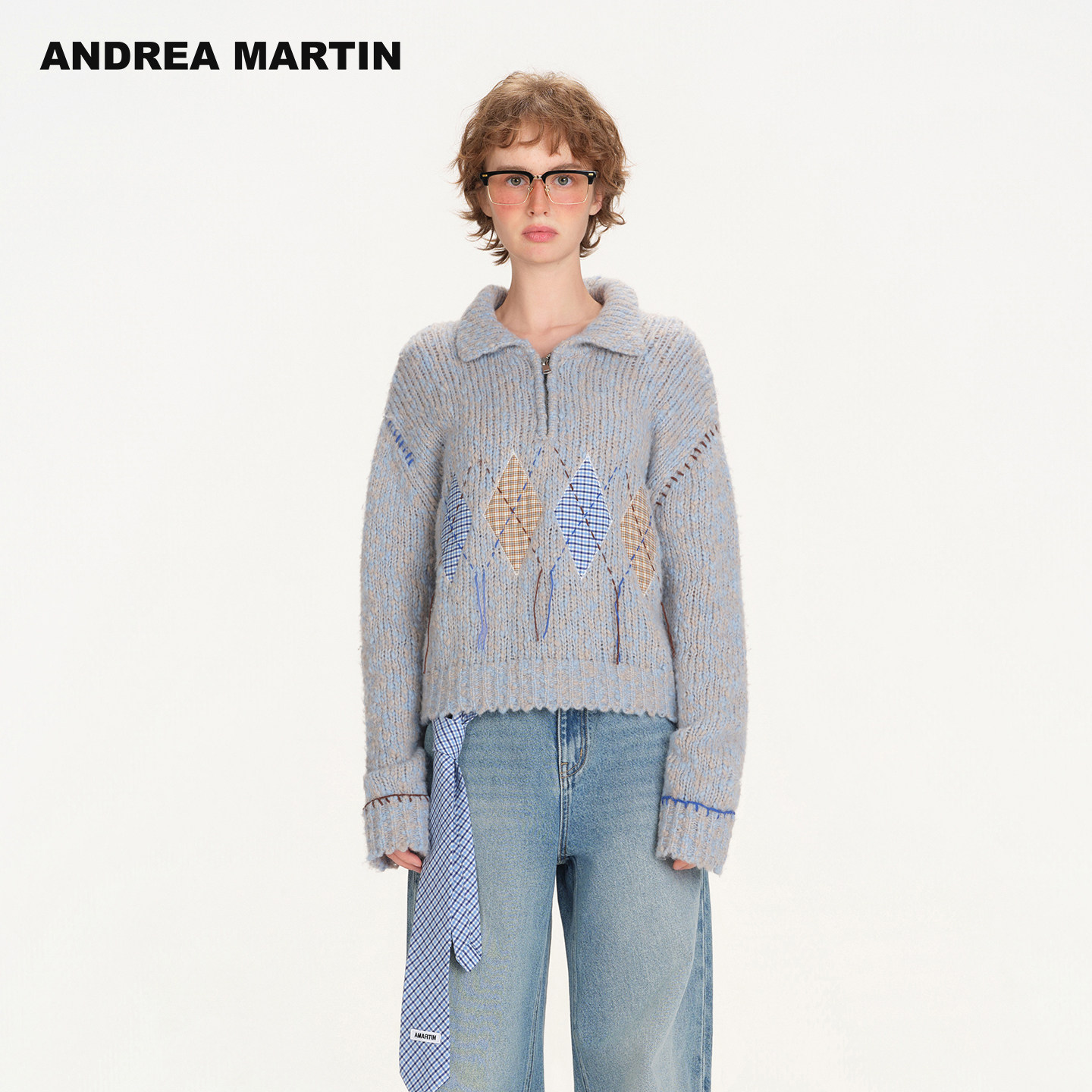 ANDREA MARTIN2026春季新款蓝色花纱菱形贴布拉链翻领针织衫毛衣