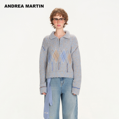 ANDREA MARTIN2026春季新款蓝色花纱菱形贴布拉链翻领针织衫毛衣