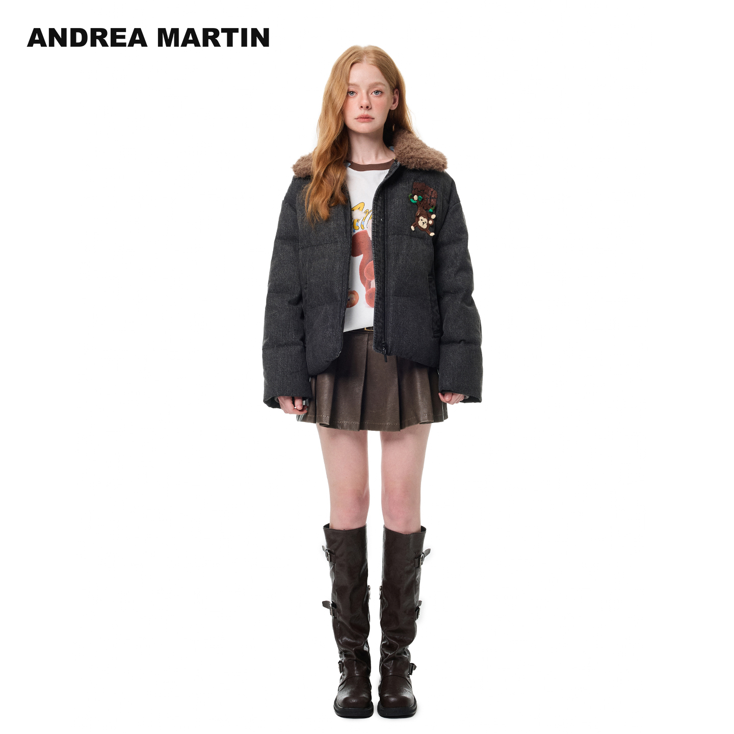 ANDREA MARTIN25秋冬新款复古牛仔钩织猴子可脱卸毛领保暖羽绒服
