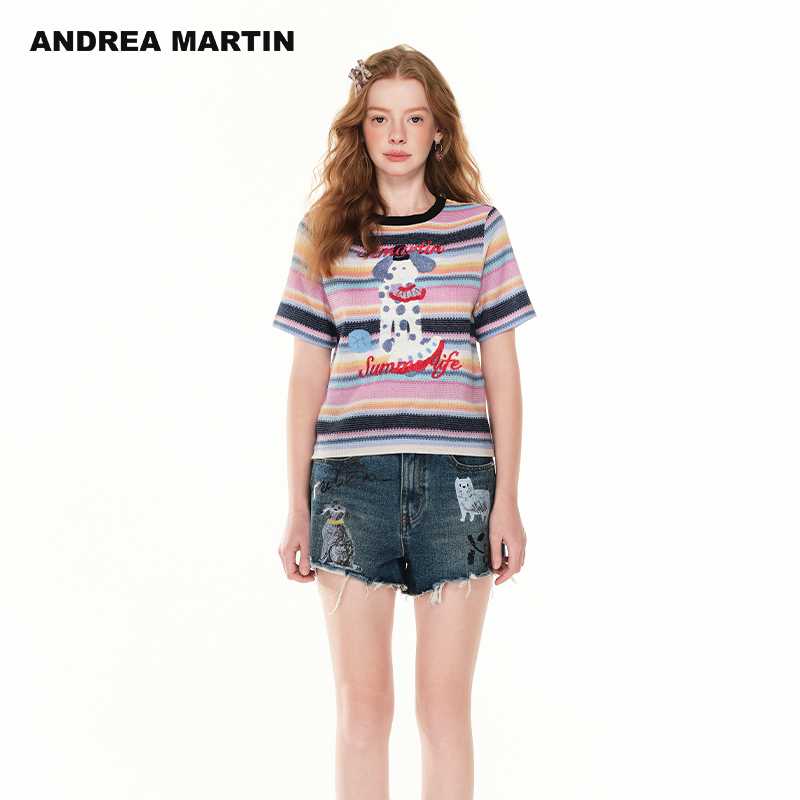 ANDREA MARTIN2025夏季新款彩色条纹短袖T恤女圆领小狗刺绣上衣