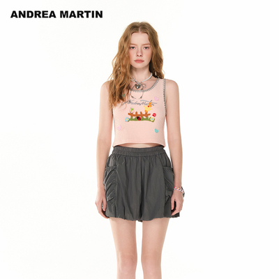 Andrea Martin2025春夏新款粉色背心女无袖T恤印花刺绣短款吊带