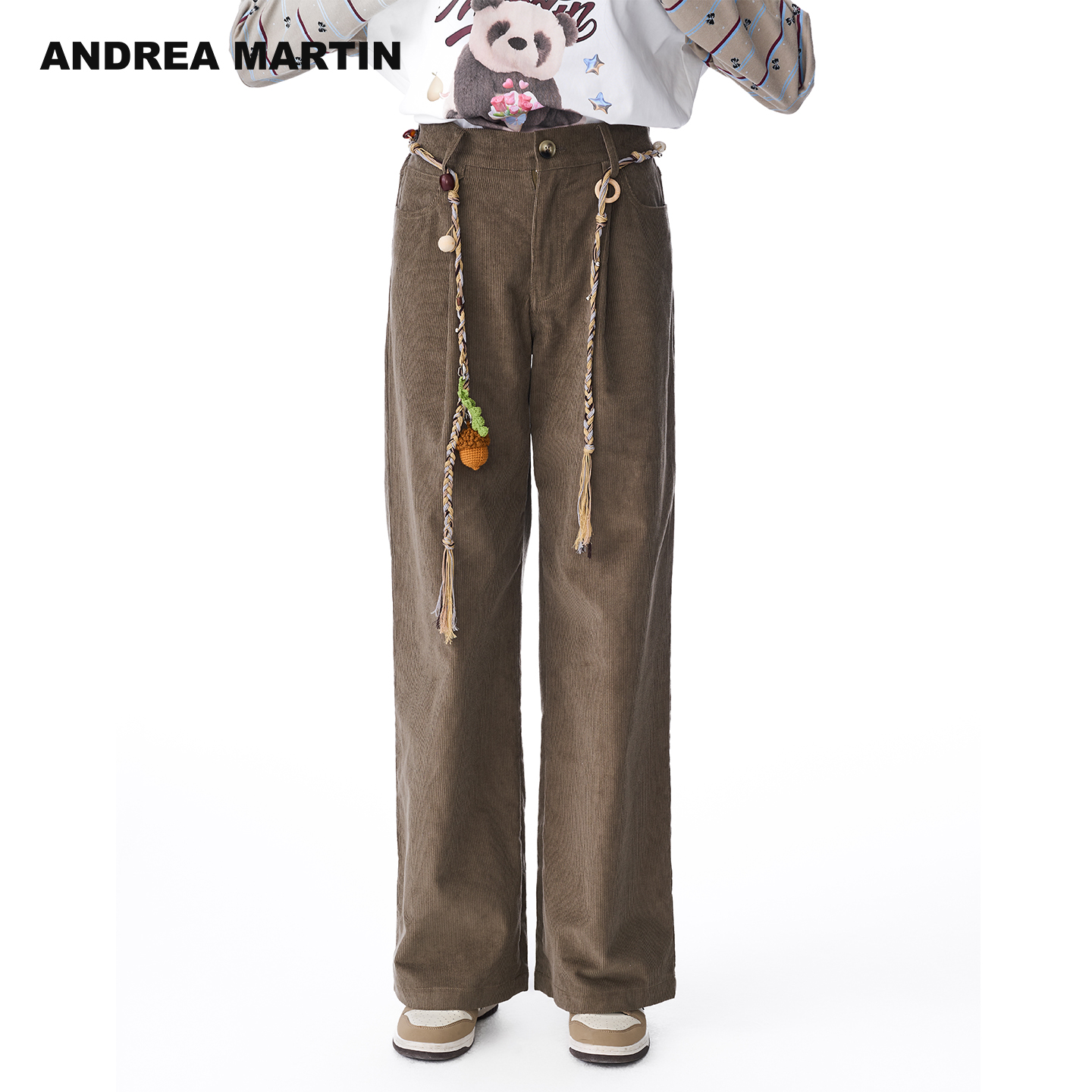 ANDREA MARTIN2025秋冬新款灯芯绒腰带休闲裤女宽松直筒阔腿长裤