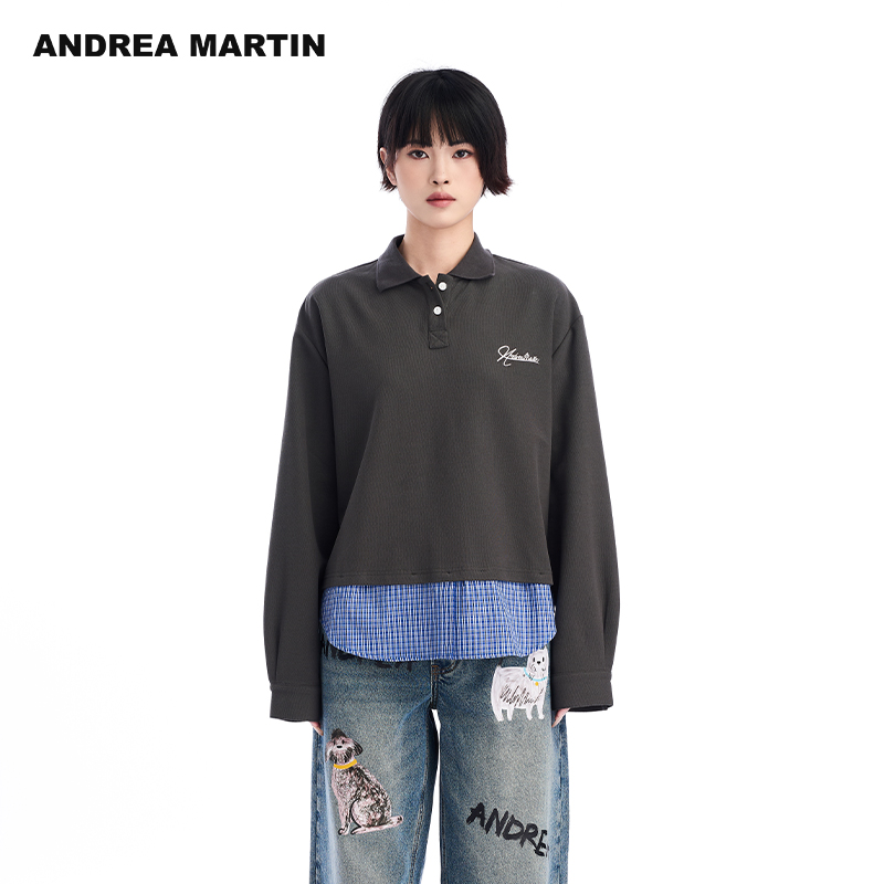 ANDREA MARTIN2025秋季新款假两件长袖T恤女格子拼接Polo打底衫