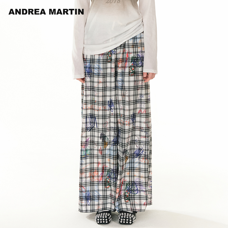 【代露娃同款】ANDREA MARTIN2025秋新款格子休闲裤女印花阔腿裤