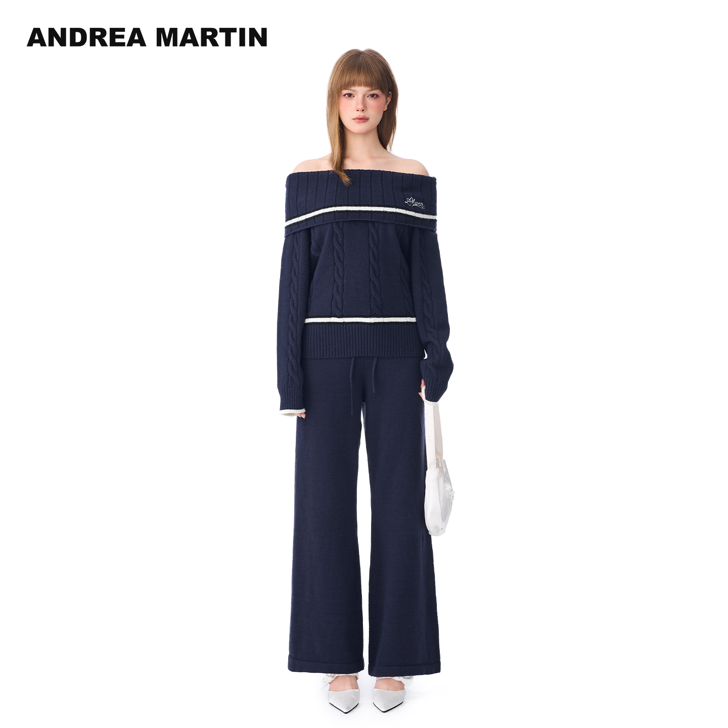 ANDREA MARTIN2025秋冬新品学院风一字肩针织毛衫微喇裤休闲套装