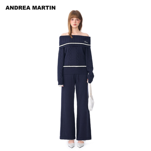 ANDREA MARTIN秋冬新品学院风一字肩针织毛衫微喇裤休闲套装
