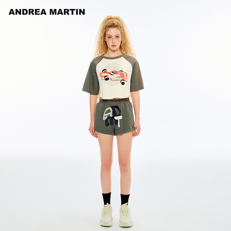 ANDREA MARTIN2025夏季新款时尚套装女短袖T恤拼色印花运动短裤