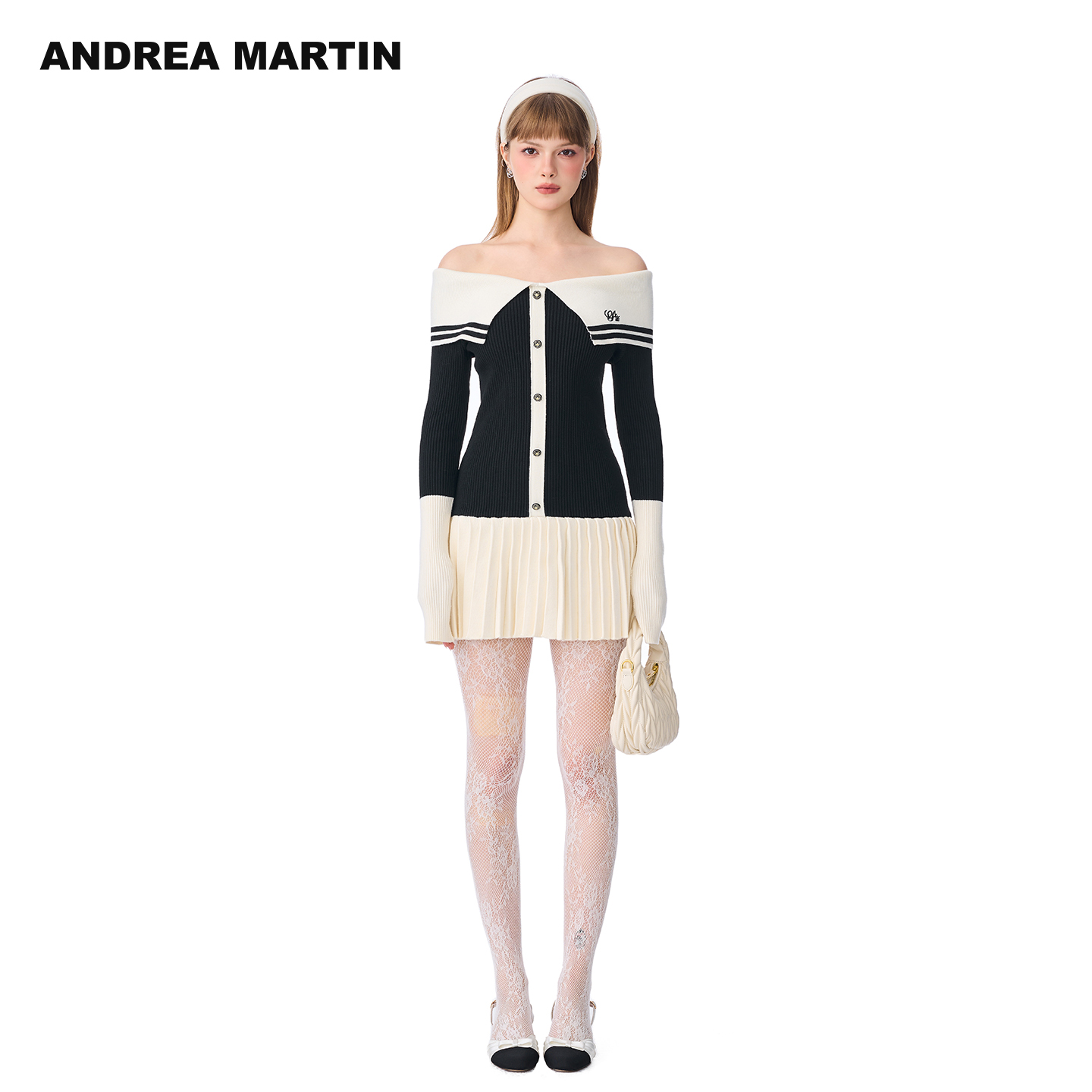 【张礼恩同款】ANDREA MARTIN 2025秋冬新款一字肩女针织连衣裙