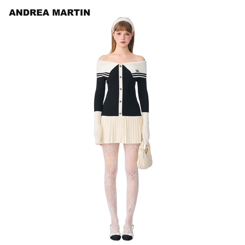 【张礼恩同款】ANDREA MARTIN 秋冬新款一字肩女针织连衣裙