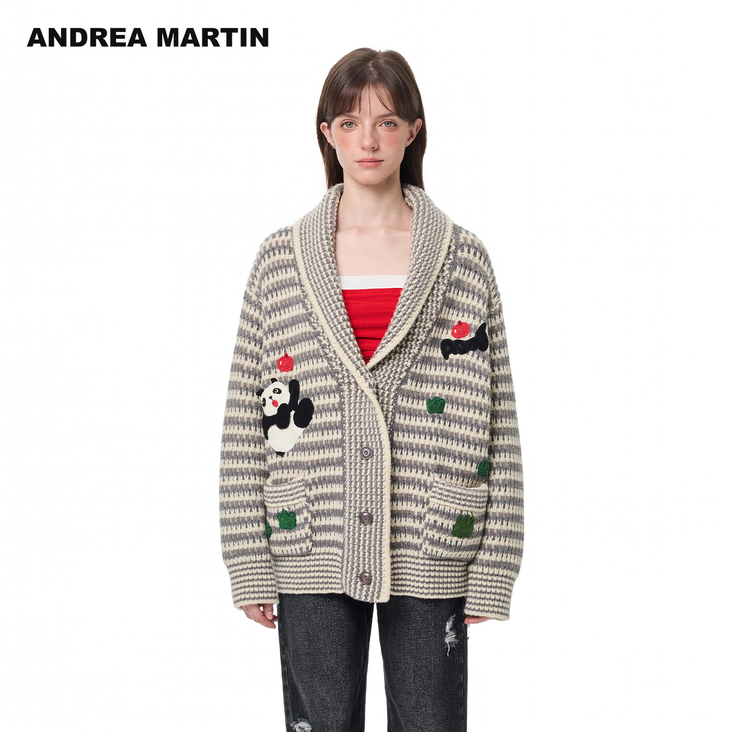 ANDREA MARTIN2025冬新款条纹针织开衫女宽松V领趣味熊猫毛衣外套