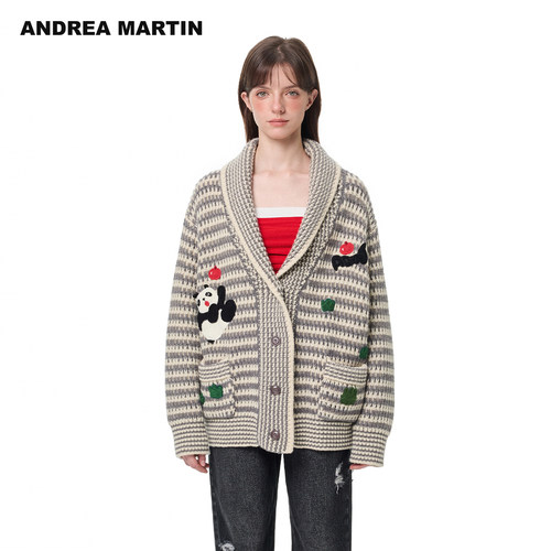 ANDREA MARTIN冬新款条纹针织开衫女V领趣味熊猫毛衣羊毛外套